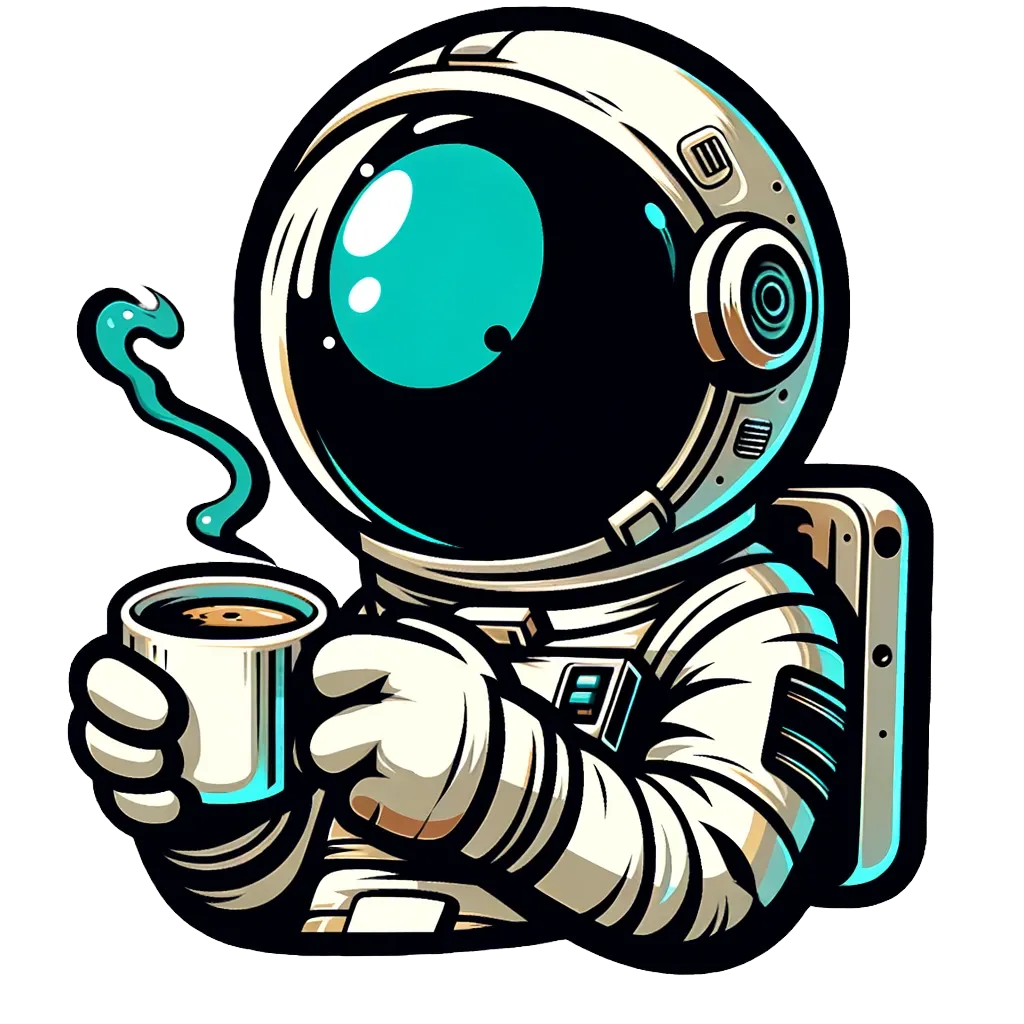 An astronaut holding a cup of coffee